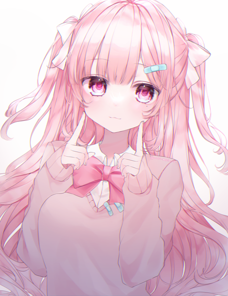 Anime picture 3146x4079 with original wako morino single long hair tall image highres simple background white background pink hair absurdres upper body pink eyes mole two side up mole under eye girl bow hair bow bowtie sweater