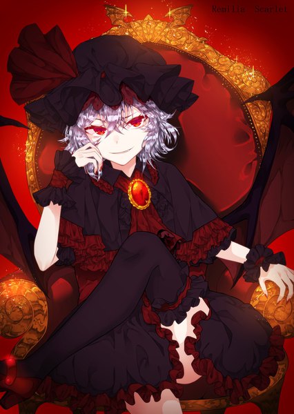 Anime picture 1447x2039 with touhou remilia scarlet himadera single tall image looking at viewer fringe short hair smile hair between eyes red eyes sitting silver hair nail polish parted lips fingernails arm support fang (fangs) high heels character names