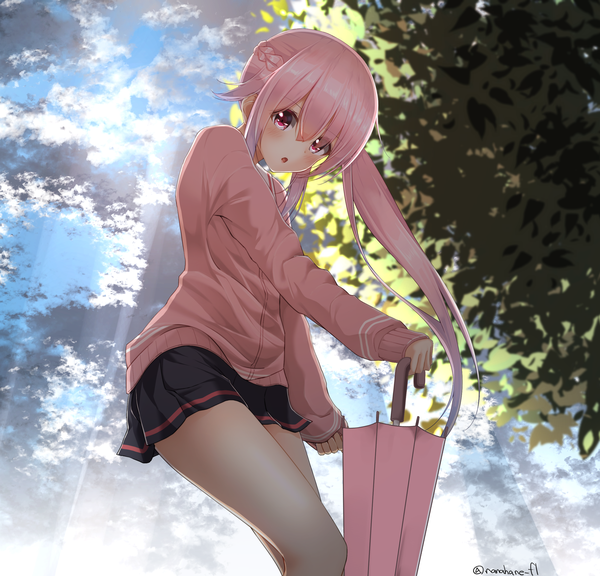 Anime picture 2600x2500 with kantai collection harusame destroyer nanahane fl single looking at viewer blush fringe highres hair between eyes standing holding signed payot pink hair sky cloud (clouds) bent knee (knees) outdoors ponytail braid (braids)