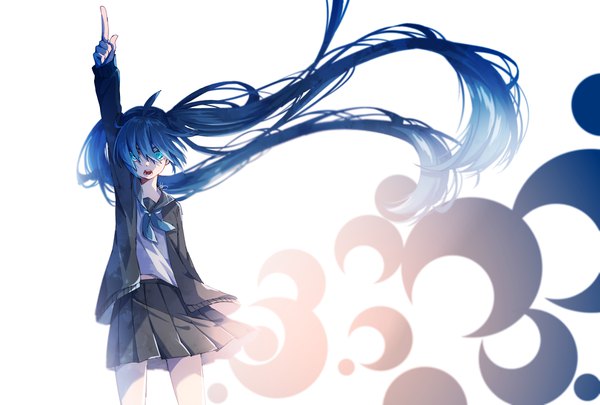Anime picture 2039x1378 with vocaloid rolling girl (vocaloid) hatsune miku nuko 0108 single looking at viewer fringe highres open mouth simple background standing white background twintails ahoge long sleeves very long hair pleated skirt aqua eyes aqua hair open clothes