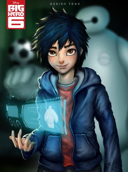 Anime picture 1257x1690 with big hero 6 disney hiro hamada (big hero 6) baymax (big hero 6) ashirok-on (artist) tall image short hair smile blue hair lips open clothes open jacket orange eyes boy jacket ball robot soccer ball