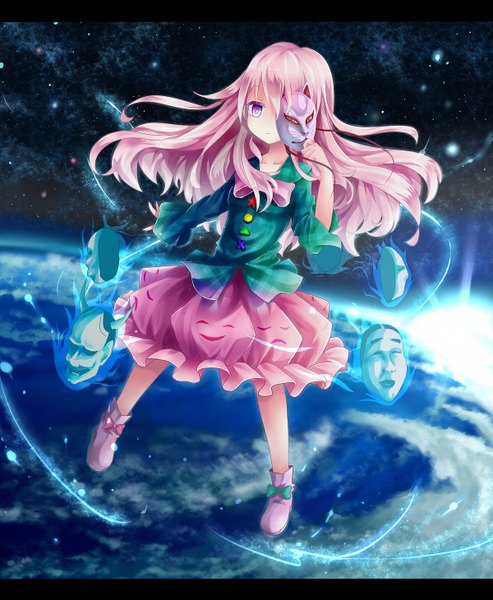Anime picture 1200x1460 with touhou hata no kokoro rin yuu single long hair tall image purple eyes pink hair cloud (clouds) flying space girl skirt star (stars) mask