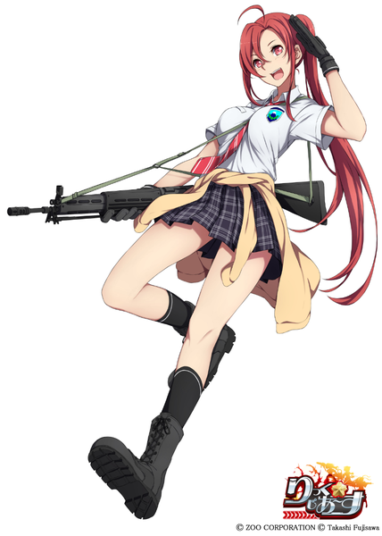 Anime picture 830x1162 with original sblack single long hair tall image open mouth simple background white background red hair pink eyes side ponytail girl skirt gloves uniform weapon school uniform shirt black gloves socks