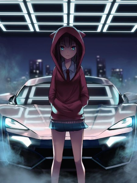 Anime picture 600x800 with original taira (pixiv9613131) single tall image looking at viewer fringe blue eyes smile hair between eyes brown hair standing animal tail pleated skirt blurry night depth of field night sky reflection hands in pockets city lights