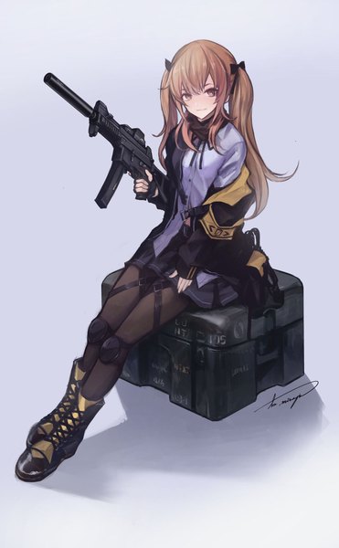 Anime picture 1266x2048 with girls frontline ump9 (girls frontline) koh (minagi kou) single long hair tall image looking at viewer blush fringe simple background smile hair between eyes brown hair sitting twintails holding brown eyes signed full body pleated skirt