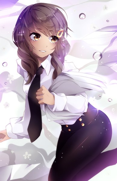 Anime picture 809x1250 with original squchan single long hair tall image blush black hair smile yellow eyes bent knee (knees) girl hair ornament shirt necktie white shirt hairclip water drop paper