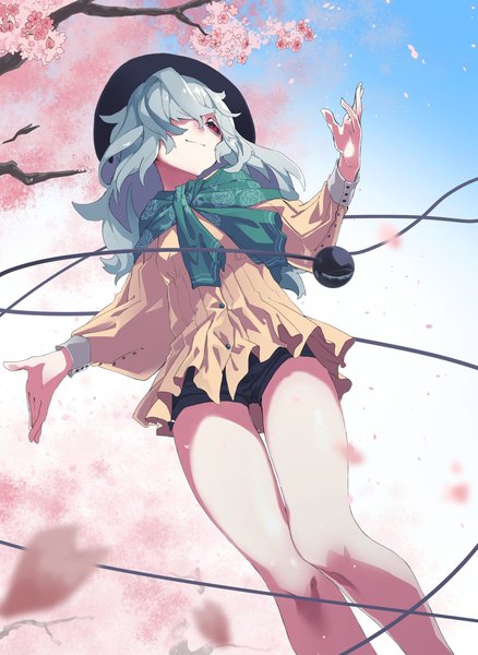 Anime-Bild 1496x2047 mit touhou komeiji koishi reiga (act000) single long hair tall image fringe smile red eyes looking away sky long sleeves grey hair hair over one eye from below legs cherry blossoms adapted costume girl petals
