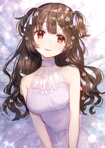 Anime picture 2894x4093 with original canarinu kmes single long hair tall image looking at viewer blush fringe highres breasts smile red eyes brown hair standing bare shoulders payot hair flower two side up lens flare angel wings
