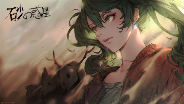 Anime picture 1057x600 with vocaloid suna no wakusei (vocaloid) hatsune miku 'o'ne (ekdlem1) long hair looking at viewer fringe hair between eyes wide image green eyes signed payot looking away upper body horn (horns) green hair lips open jacket copyright name floating hair