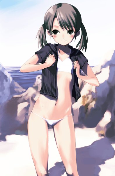 Anime picture 790x1200 with original kawata hisashi single tall image blush fringe short hair light erotic smile brown hair standing twintails looking away outdoors black eyes sunlight blurry shadow short sleeves beach