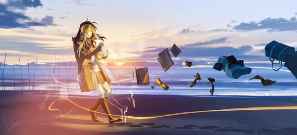 Anime picture 1974x900 with original loundraw long hair fringe highres brown hair wide image multiple girls signed sky cloud (clouds) full body outdoors sunlight high heels hug tears beach lens flare evening