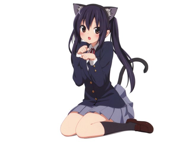 Anime picture 2500x2000 with k-on! kyoto animation nakano azusa kani biimu single long hair blush highres open mouth simple background white background twintails brown eyes animal ears purple hair tail cat ears cat tail girl uniform