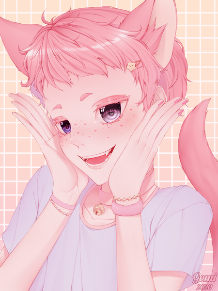 Anime picture 1300x1733 with original pastel-puke single tall image looking at viewer blush short hair open mouth purple eyes signed animal ears pink hair upper body tail nail polish :d animal tail cat ears cat tail facial mark