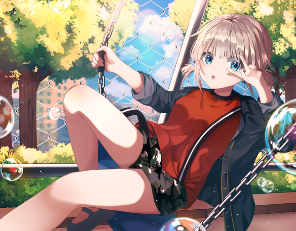 Anime picture 3200x2488 with idolmaster idolmaster shiny colors serizawa asahi nanna (heyj2888) single looking at viewer fringe highres short hair open mouth blue eyes twintails absurdres sky silver hair cloud (clouds) bent knee (knees) outdoors blunt bangs open jacket