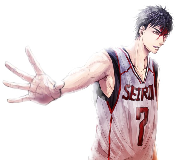 Anime picture 1090x1000 with kuroko no basket production i.g kiyoshi teppei oga chisato single fringe short hair open mouth black hair simple background white background brown eyes looking away upper body outstretched arm eyebrows blood on face bleeding boy uniform
