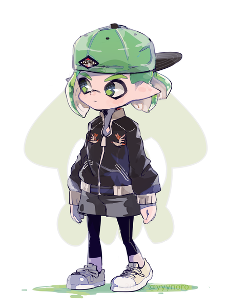 Anime picture 644x868 with splatoon splatoon 2 nintendo inkling captain yue single tall image short hair standing white background green eyes signed looking away full body green hair pointy ears twitter username tentacle hair boy shoes