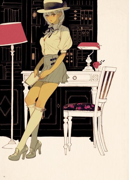 Anime picture 1478x2058 with original matsuo hiromi single long hair tall image looking at viewer fringe hair between eyes standing holding brown eyes full body bent knee (knees) white hair indoors braid (braids) lips short sleeves high heels puffy sleeves