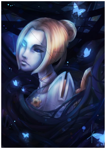 Anime picture 1539x2160 with league of legends orianna (league of legends) cirath (artist) single tall image looking at viewer short hair blue eyes blonde hair girl robot