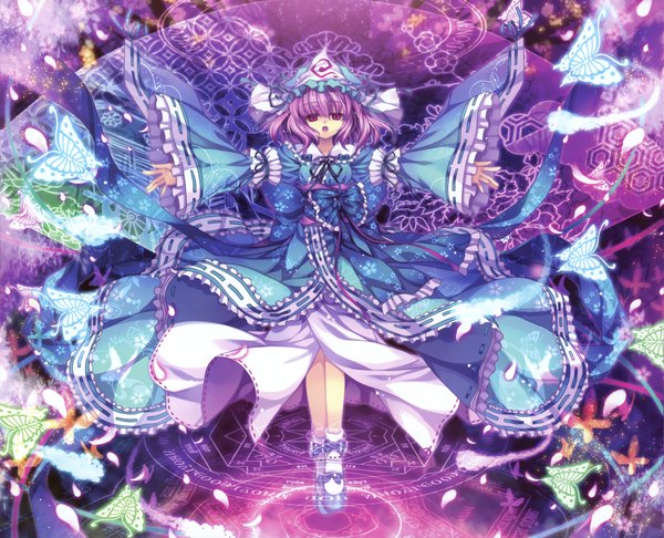 Anime picture 4082x3311 with touhou saigyouji yuyuko capura lin highres short hair open mouth red eyes absurdres purple hair long sleeves magic girl dress hat headdress insect butterfly magic circle