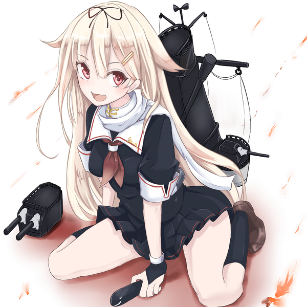 Anime picture 1150x1150 with kantai collection yuudachi destroyer tokoi single long hair blush fringe open mouth blonde hair red eyes sitting teeth fang (fangs) remodel (kantai collection) girl gloves uniform hair ornament ribbon (ribbons) school uniform