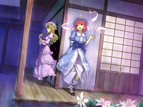 Anime picture 3331x2480 with touhou yakumo yukari saigyouji yuyuko jinyuan712 long hair fringe highres short hair open mouth blonde hair multiple girls yellow eyes looking away pink hair absurdres bent knee (knees) profile pink eyes rain girl