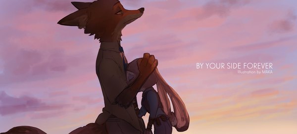 Anime picture 1800x816 with zootopia disney judy hopps nick wilde andref kanzaki highres wide image standing green eyes looking away cloud (clouds) eyes closed profile inscription couple hug text evening sunset english