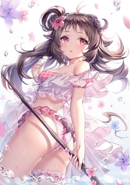 Anime picture 2480x3508 with arknights eyjafjalla (arknights) eyjafjalla (summer flower) (arknights) sannio single long hair tall image looking at viewer blush highres breasts open mouth light erotic black hair simple background standing white background holding animal ears ahoge