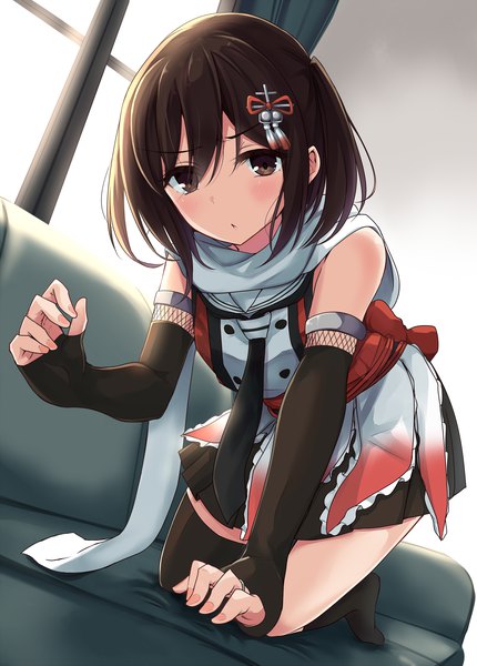 Anime picture 1795x2503 with kantai collection sendai light cruiser soramuko single tall image looking at viewer blush fringe highres short hair hair between eyes brown hair brown eyes indoors parted lips fingernails two side up on all fours remodel (kantai collection) asymmetrical legwear