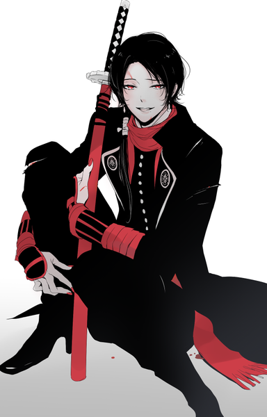 Anime picture 653x1020 with touken ranbu nitroplus kashuu kiyomitsu enjin y single long hair tall image looking at viewer black hair simple background smile red eyes sitting nail polish fingernails high heels gradient background low ponytail long fingernails red nail polish