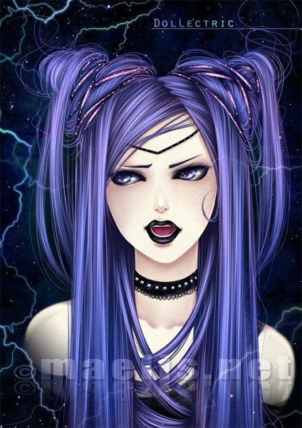 Anime picture 636x900 with original m-aelis single long hair tall image open mouth purple eyes bare shoulders signed looking away purple hair lips lipstick makeup black lipstick girl choker