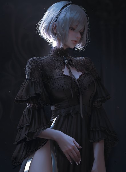 Anime picture 4408x6000 with nier nier:automata yorha no. 2 type b nixeu single tall image fringe highres short hair blue eyes hair between eyes standing looking away absurdres silver hair nail polish fingernails lips realistic mole