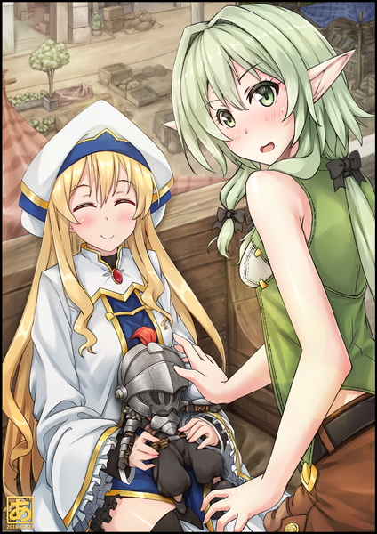 Anime picture 849x1200 with goblin slayer! white fox high elf archer (goblin slayer!) goblin slayer priestess (goblin slayer!) swordbreaker long hair tall image looking at viewer blush fringe breasts blonde hair smile hair between eyes standing sitting bare shoulders multiple girls holding