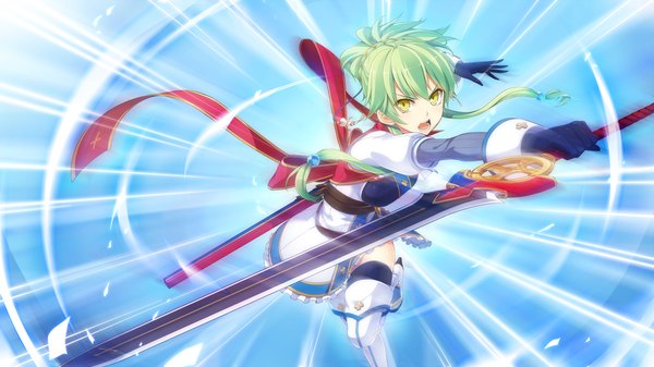 Anime picture 1280x720 with tentacle lord (game) tel-o single long hair open mouth wide image yellow eyes game cg green hair girl weapon sword