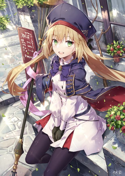 Anime picture 713x1000 with fate (series) fate/grand order artoria pendragon (all) artoria caster (fate) gabiran single long hair tall image looking at viewer blush fringe open mouth blonde hair smile hair between eyes sitting twintails green eyes signed payot