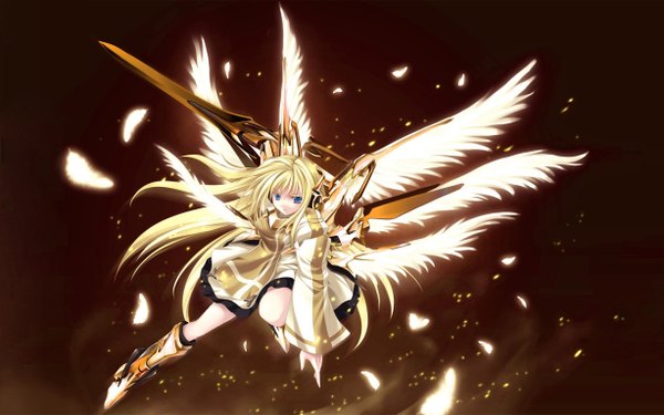 Anime picture 2456x1535 with original tateha (marvelous grace) single long hair highres blue eyes blonde hair wide image third-party edit mecha musume weapon sword wings gold