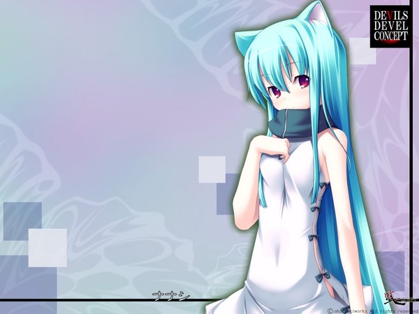 Anime picture 1600x1200 with devils devel concept (game) long hair purple eyes animal ears game cg green hair cat girl girl