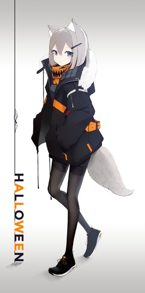 Anime picture 1762x3541 with original mayogii single tall image looking at viewer blush fringe highres short hair blue eyes simple background standing animal ears full body tail long sleeves animal tail grey hair grey background open jacket