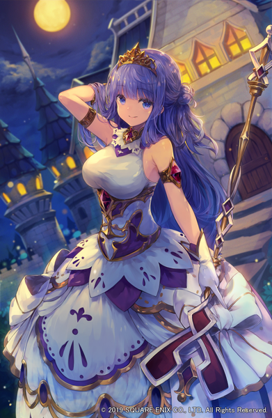 Anime picture 587x900 with grimms echoes cinderella (grimms echoes) makihitsuji single long hair tall image looking at viewer blush fringe breasts smile hair between eyes purple eyes bare shoulders holding purple hair cloud (clouds) outdoors blunt bangs arm up