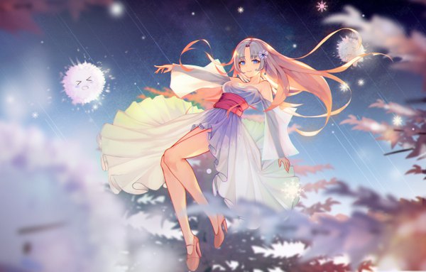 Anime picture 5248x3354 with original nomen single long hair looking at viewer blush fringe highres blue eyes smile bare shoulders payot absurdres sky full body bent knee (knees) outdoors eyes closed nail polish hair flower