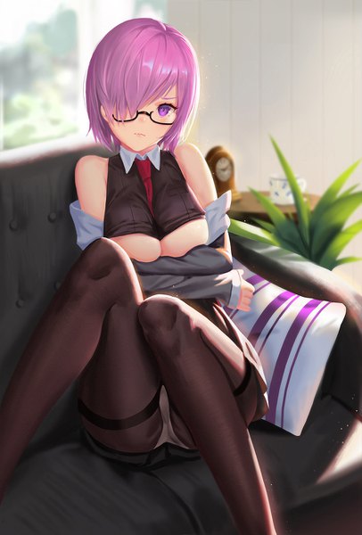 Anime picture 900x1329 with fate (series) fate/grand order mash kyrielight dongfangzhong111 single tall image looking at viewer blush fringe short hair breasts light erotic large breasts sitting purple eyes bare shoulders pink hair bent knee (knees) indoors head tilt