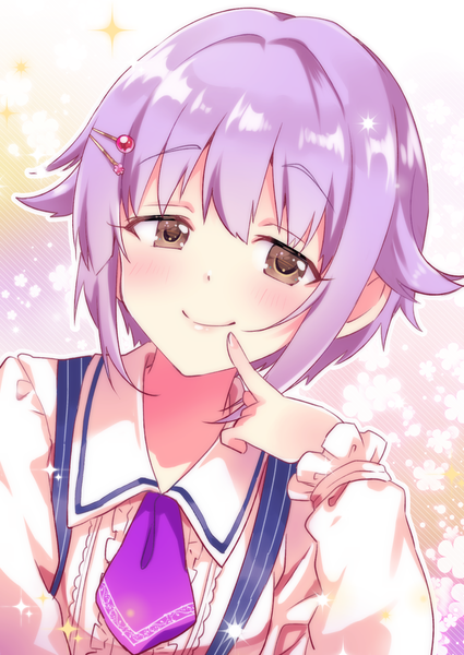 Anime picture 1181x1667 with idolmaster idolmaster cinderella girls idolmaster cinderella girls starlight stage koshimizu sachiko mugi (user khzh5853) single tall image looking at viewer blush short hair smile brown eyes purple hair upper body sparkle finger to mouth self-proclaimed sweet heroine girl bobby pin