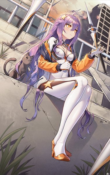 Anime picture 1582x2500 with benghuai xueyuan honkai (series) kiana kaslana sirin aliceblue single long hair tall image blush fringe breasts hair between eyes sitting holding payot looking away sky cleavage purple hair cloud (clouds)