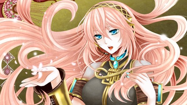 Anime picture 1200x676 with vocaloid megurine luka long hair open mouth blue eyes wide image pink hair singing girl hairband headphones