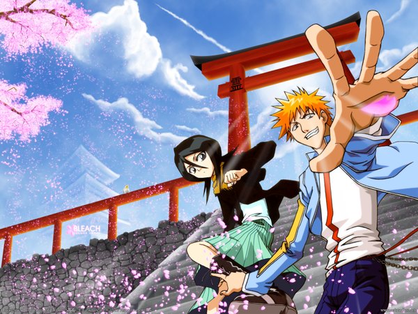 Anime picture 1600x1200 with bleach studio pierrot kurosaki ichigo kuchiki rukia sandy (artist) looking at viewer short hair black hair smile signed sky cloud (clouds) black eyes orange hair open jacket copyright name character names grin cherry blossoms outstretched arm