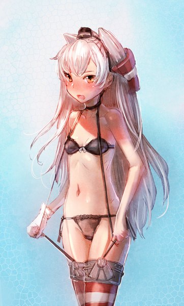 Anime picture 1000x1657 with kantai collection amatsukaze destroyer bow (bhp) single long hair tall image looking at viewer blush light erotic silver hair bare belly orange eyes two side up underwear only girl thighhighs navel hair ornament underwear panties