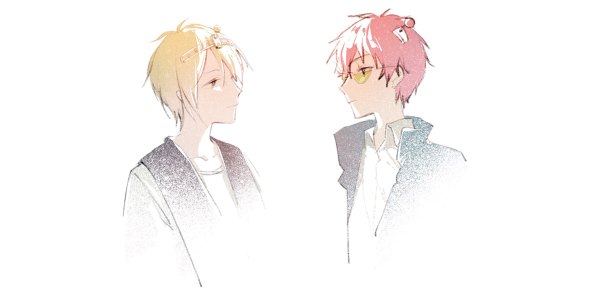 Anime picture 1200x600 with saiki kusuo no psi nan saiki kusuo saiki kuusuke huimu fringe short hair blonde hair simple background hair between eyes wide image white background pink hair upper body profile black eyes multiple boys face to face siblings eye contact brothers