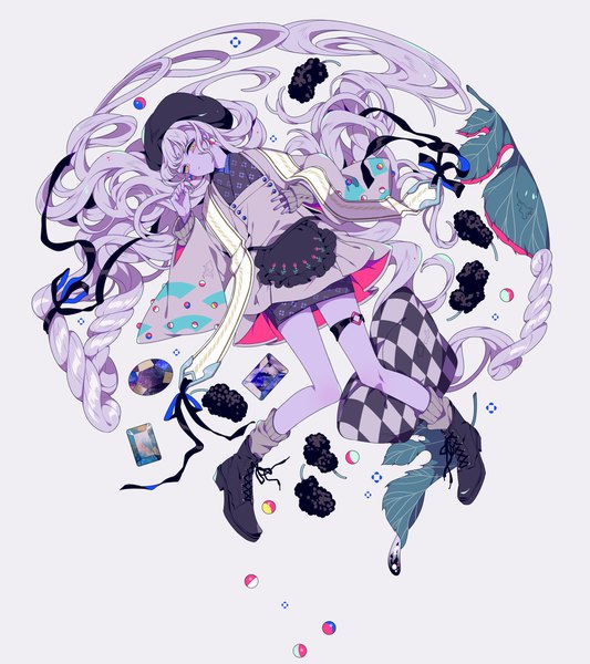 Anime picture 2400x2700 with original shikimi (yurakuru) single long hair tall image fringe highres simple background brown eyes purple hair full body lying long sleeves very long hair traditional clothes japanese clothes on back floral print sleeves past wrists wavy hair