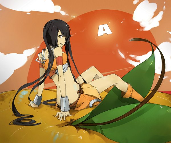 Anime picture 1300x1091 with arancia project original arancia francisco valle single black hair smile twintails yellow eyes very long hair looking back evening sunset girl skirt food bracelet