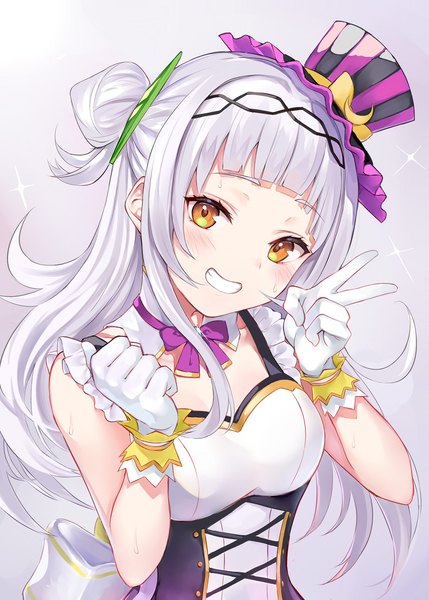 Anime picture 1464x2048 with virtual youtuber hololive murasaki shion nagiha kuten single long hair tall image blush smile yellow eyes silver hair upper body grey background sparkle hair bun (hair buns) grin official alternate costume victory hololive idol uniform girl