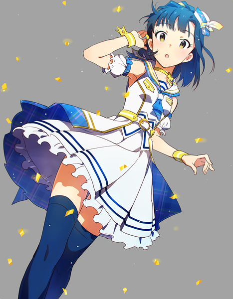 Anime picture 623x800 with idolmaster idolmaster million live! idolmaster million live! theater days nanao yuriko mishio single tall image looking at viewer short hair simple background standing yellow eyes blue hair grey background :o girl thighhighs dress detached sleeves choker